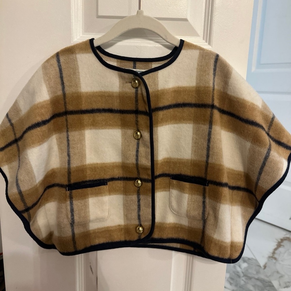 Plaid Wool Cape with Gold Buttons
